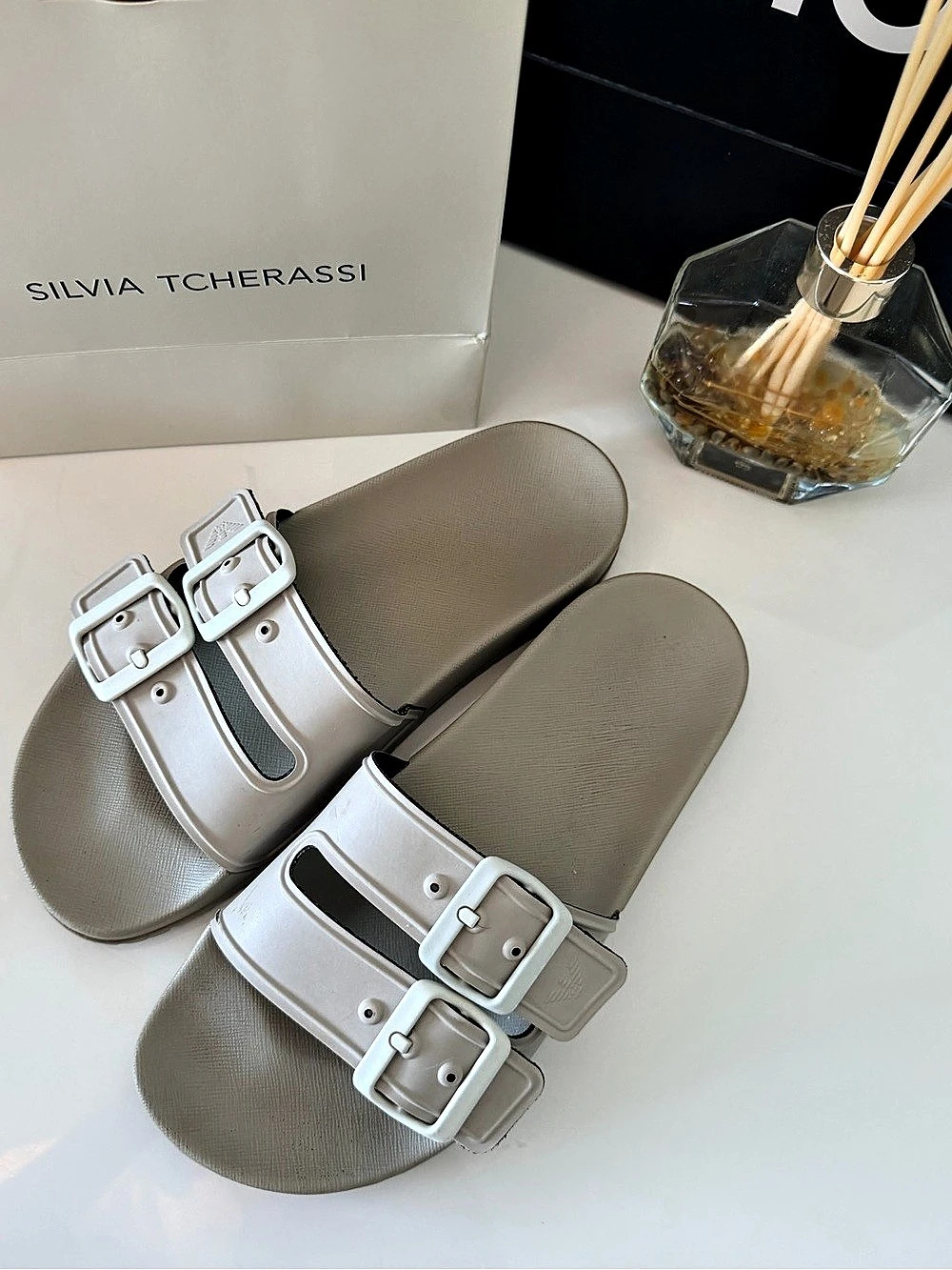 Armani Two-Strap Sandals in White & Gray
